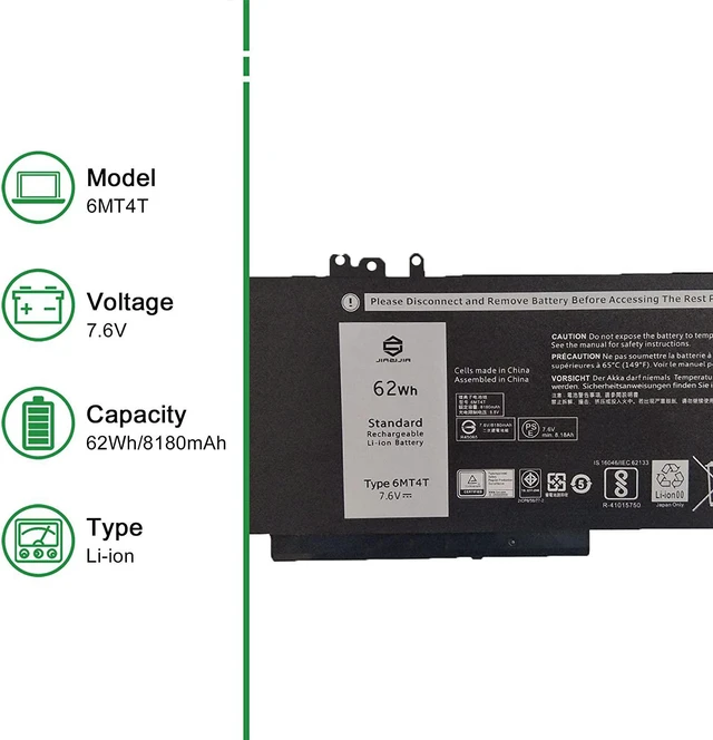 Alt view image 2 of 7 - JIAZIJIA 6MT4T Laptop Battery Replacement for Dell Latitude 5470 5570 E5470 E5570 Precision 3510 M3510 Series Notebook 7V69Y HK6DV 0HK6DV 79VRK 079VRK TXF9M 0TXF9M 7.6V 62Wh 8180mAh 4-Cell