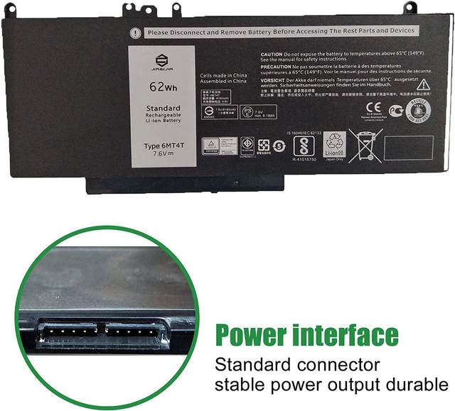 Alt view image 3 of 7 - JIAZIJIA 6MT4T Laptop Battery Replacement for Dell Latitude 5470 5570 E5470 E5570 Precision 3510 M3510 Series Notebook 7V69Y HK6DV 0HK6DV 79VRK 079VRK TXF9M 0TXF9M 7.6V 62Wh 8180mAh 4-Cell