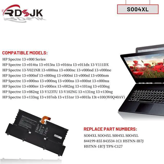 Alt view image 3 of 7 - SO04XL Laptop Battery for HP Spectre 13 13-V111DX 13-V016TU 13-V015TU 13-V014TU 13-V011DX 13-V000 13T-V100 13-V151NR 13-V107NB 13-V000NA 844199-855 843534-1C1 HSTNN-IB7J TPN-C127 7.7V 38Wh/4950mAh