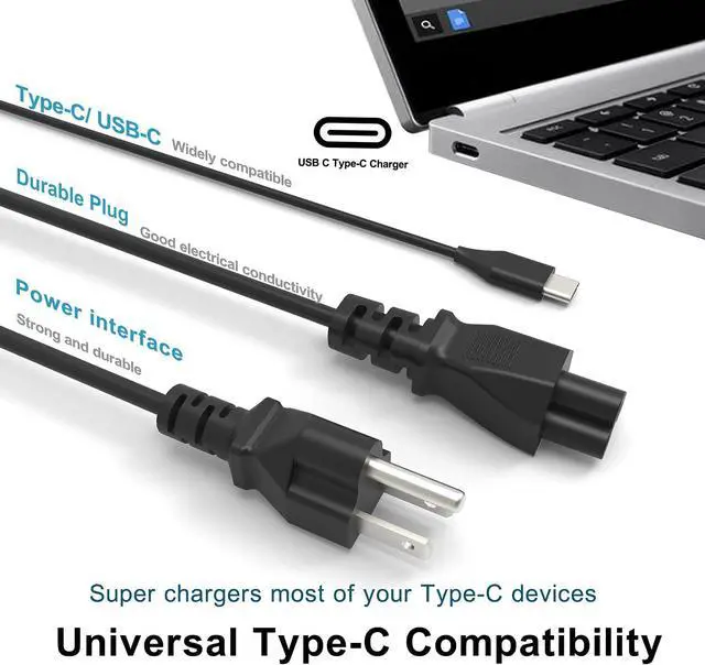 Alt view image 5 of 7 - Universal Chromebook Charger USB-C for Hp// 45W USB C Computer Laptop Charger - Type C Power Cord Adapter Replacement  Thinkpad/Yoga HP Envy/Spectre  Latitude