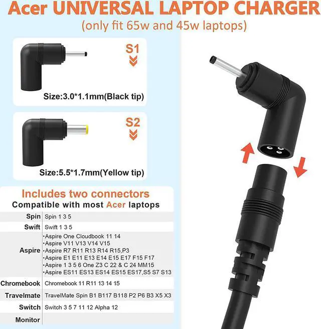 Alt view image 2 of 7 - 65W Universal Laptop Charger for Acer Aspire Chromebook Swift Spin series, C720 CB3 CB5 R11 R15 N15Q8 N15Q9 N15Q1 A13-045N2A A11-065N1A PA-1650-80 E15 ES1 E1 E5 E5-575 Laptop Adapter Power Supply Cord