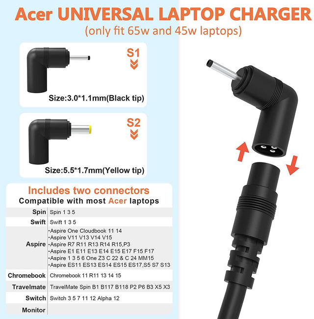 thumbnail image 2 of PowerHOOD 40W AC Adapter Charger For Acer Chromebook 15 CB3-532 & CB5-571 – 19V 2.1A Power Cord 2 of 5