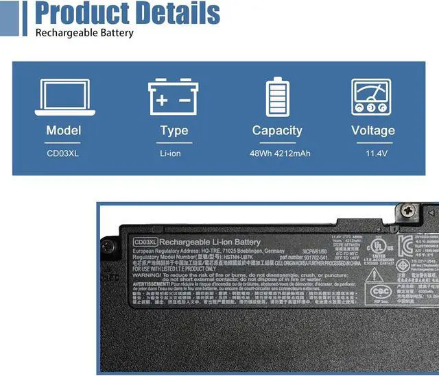 Alt view image 2 of 7 - Vanpir CD03XL 931702-541 Battery for HP ProBook 640 645 650 G4 G5 Notebook battery HSTNN-UB7K HSTNN-LB8F HSTNN-IB8B 931702-421 CDO3XL 931702-171 931719-850 HSN-114C HSN-115C battery 11.4V 48Wh 4212mAh