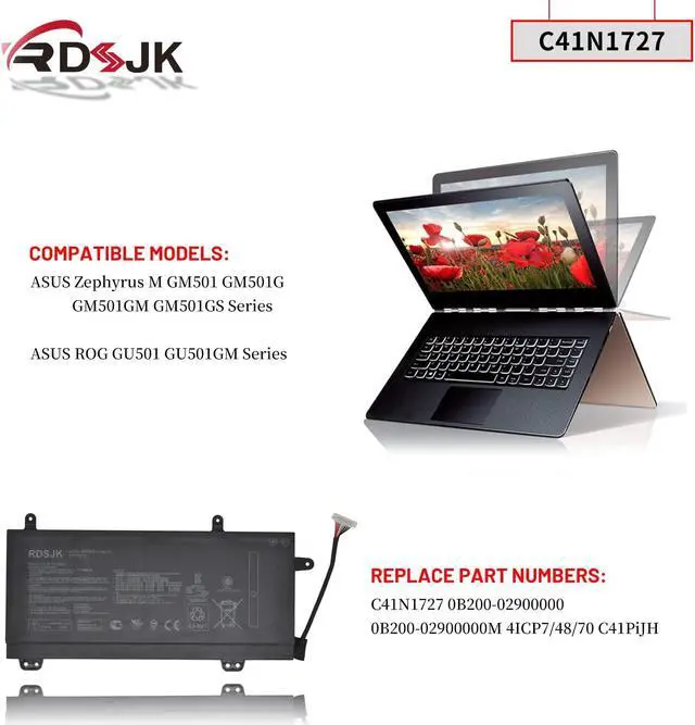 Alt view image 3 of 7 - C41N1727 Laptop Battery for Asus ROG Zephyrus M GM501 GM501G GM501GM GM501GS GU501 GU501GM Series 0B200-02900000 0B200-02900000M 15.4V 55Wh