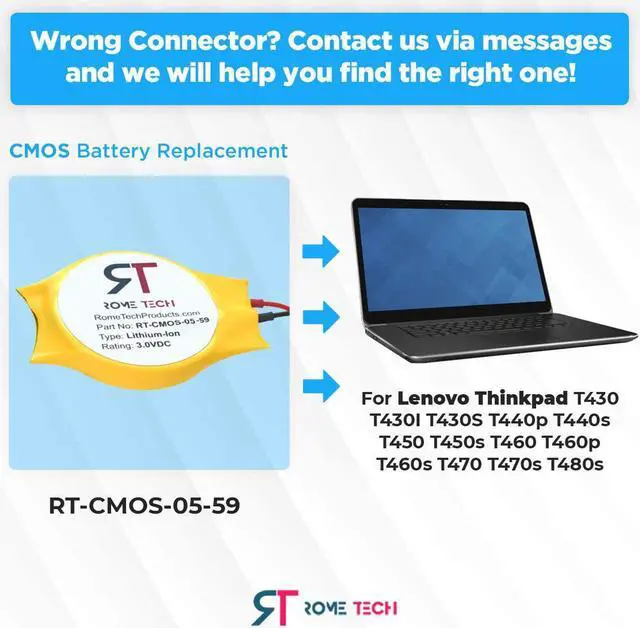 Alt view image 2 of 6 - Rome Tech CMOS Battery for IBM Lenovo Thinkpad T430 T450S T460 T450 T430I T430S T440P T440S T460P T460S T480S - Laptop Backup BIOS RTC 3V CR2032 T430 CMOS Battery with 2 Pin 2 Wire Cable