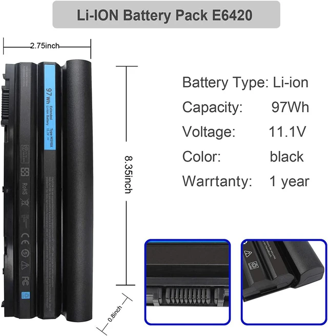 Alt view image 2 of 7 - 11.1V 97Wh 9cell M5Y0X Laptop Battery for Dell Latitude E6420 E6430 E6520 E6530 E5420 E5520 E5430 E5530,Compatible P/N: T54FJ 2P2MJ 312-1325 312-1165 PRV1Y