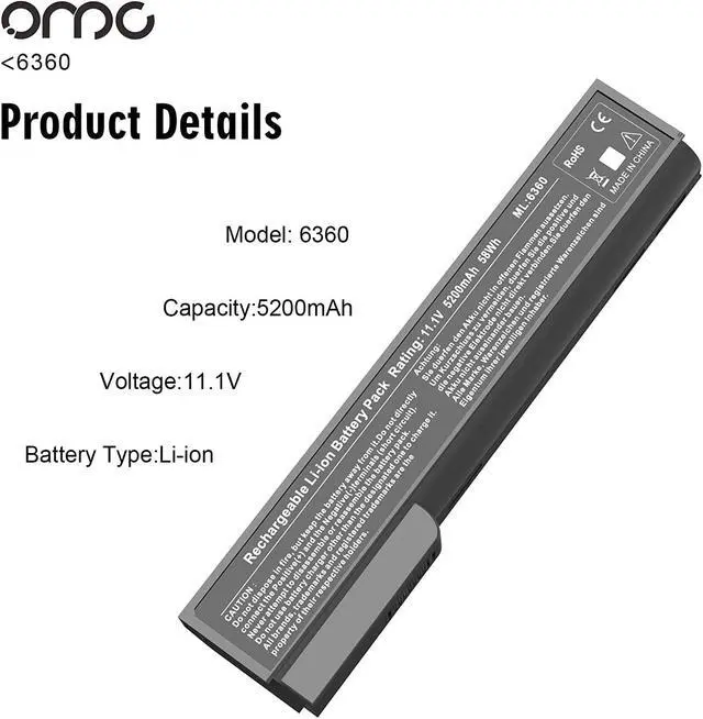 Alt view image 2 of 7 - OMCreate 628666-001 628668-001 Battery Compatible with HP EliteBook 8460P 8470P 8560P 8570P; HP ProBook 6470B 6570B 6460B 6560B 6360B,fits P/N CC06 CC06XL QK642AA [5200mAh,11.1V,6-Cell]