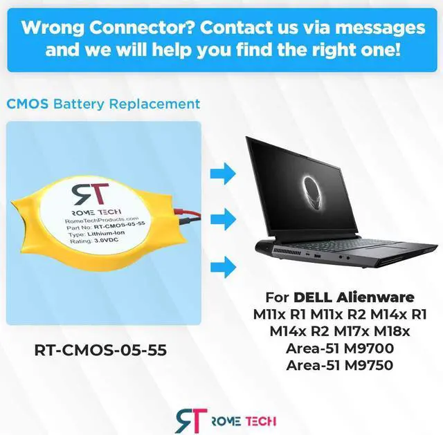 Alt view image 2 of 6 - Rome Tech CMOS Battery for Dell Alienware M11x R1 R2 Area-51 13 15 17 18 R2 R3 R4 M14x R1 R2 M17x M18x R2 Area-51 M9700 M9750 - Backup BIOS RTC 3V CR2032 with 2 Pin 2 Wire Cable