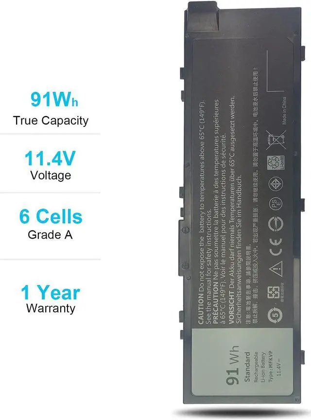 Alt view image 5 of 7 - 91Wh MFKVP 11.4V Battery Replacement for Dell Precision 15 7510 7520 17 7710 7720 M7510 M7710 T05W1 GR5D3 M28DH 451-BBSF 451-BBSB TWCPG 0FNY7 1G9VM RDYCT 6 Cell