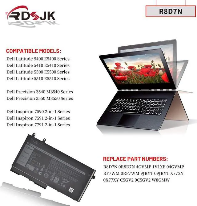 Alt view image 3 of 7 - R8D7N Laptop Battery for Dell Latitude 5400 5410 5500 5510 5511 Precision 3540 M3540 3550 Inspiron 7590 7591 7791 2-in-1 Series 0R8D7N 1V1XF 4GVMP H82T6 RF7WM 9JRYT X77XY C5GV2 W8GMW 0W8GMW 11.4V 51Wh