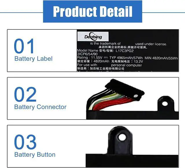 Alt view image 3 of 7 - Dentsing L17C3PG2 11.55V 57Wh/4965mAh 3-Cells Laptop Battery Compatible with Lenovo Legion Y545 Y540-15IRH Y540-17IRH Y7000-2019 Y7000P-1060 Y530-15ICH-1060 Series Notebook L17M3PG2 (Long Wire)