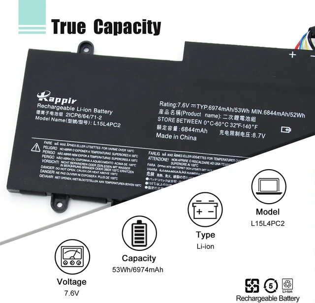 Alt view image 2 of 7 - BOWEIRUI L15L4PC2 (7.64V 53Wh 6974mAh) Laptop Battery Replacement for Lenovo Ideapad Yoga 710-14IKB 710-14ISK 710-15ISK Series Notebook 5B10K90778 L15M4PC2 5B10K90802