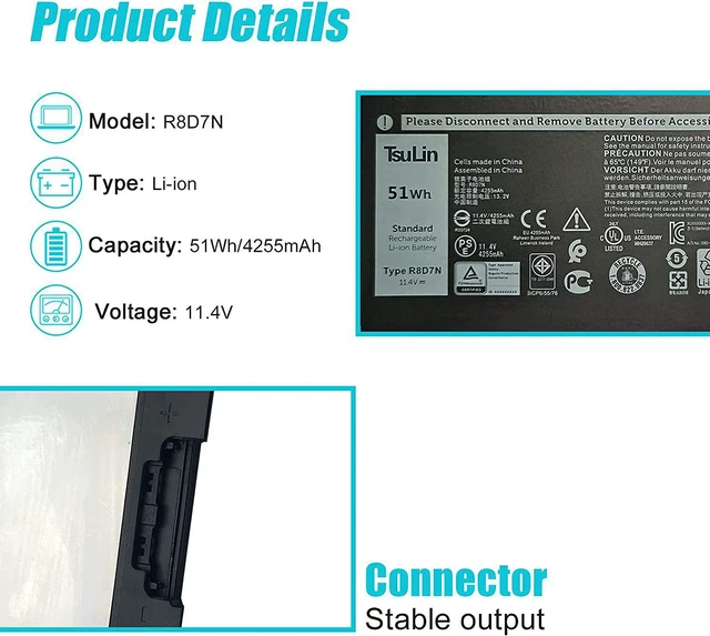 Alt view image 3 of 7 - TsuLin R8D7N Laptop Battery Replacement for Dell Latitude 5400 5500 Precision 3540 Inspiron 7590 7591 7791 2-in-1 Series Notebook 0R8D7N 1V1XF 4GVMP W8GMW 11.4V 51Wh 4255mAh