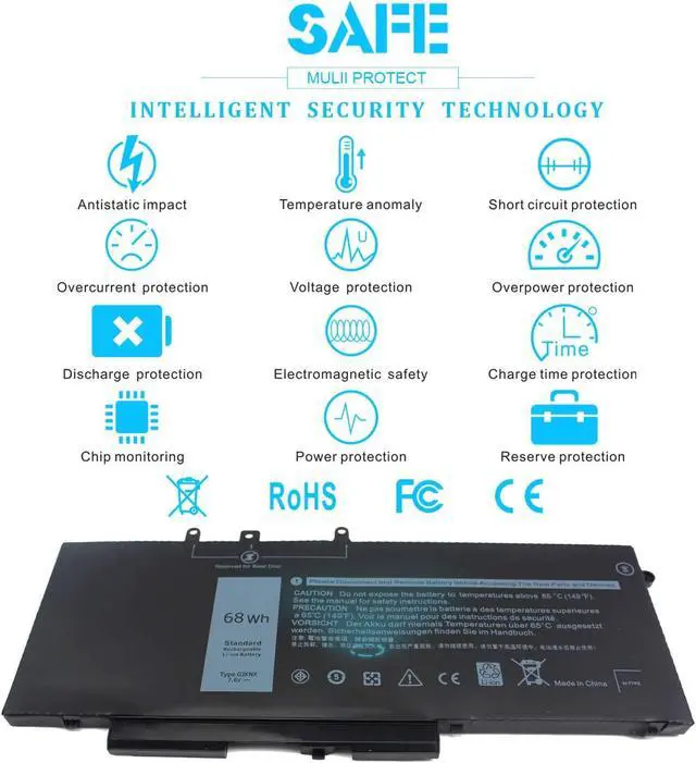 Alt view image 6 of 7 - 68Wh GJKNX 7.6V Battery for Dell Latitude 5480 5490 5580 5590 5495 5491 5591 5280 5290 5488 5288 E5480 E5580 E5490 E5590 Precision 3520 3530 451-BBZG 5YHR4 GD1JP 0GD1JP DY9NT 0DY9NT P60F P72G 4-Cell