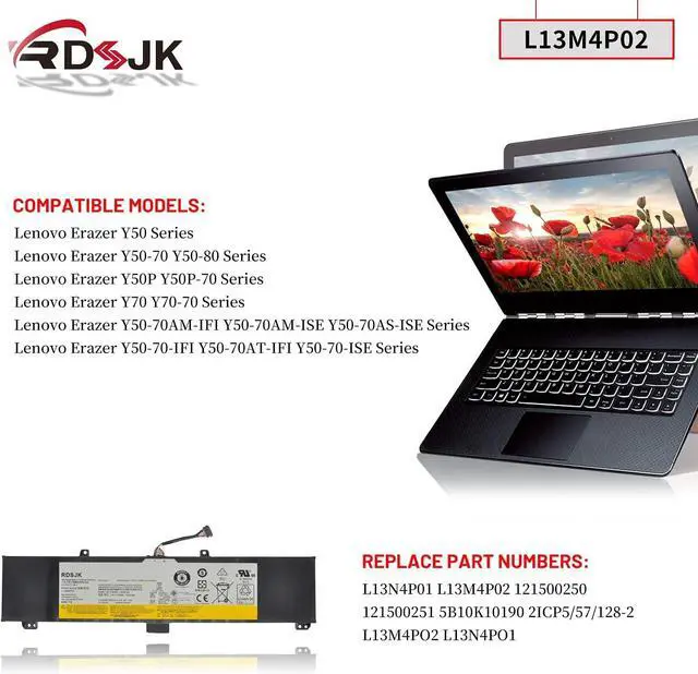 Alt view image 3 of 7 - L13M4P02 L13N4P01 Laptop Battery for Lenovo Erazer Y50 Y50-70 Y50-80 Y50P Y50P-70 Y70 Y70-70 Y50-70-ISE Y50-70-IFI Y50-70AM-IFI Y50-70AM-ISE Y50-70AS-ISE Serie 121500250 121500251 5B10K10190 7.4V 54Wh