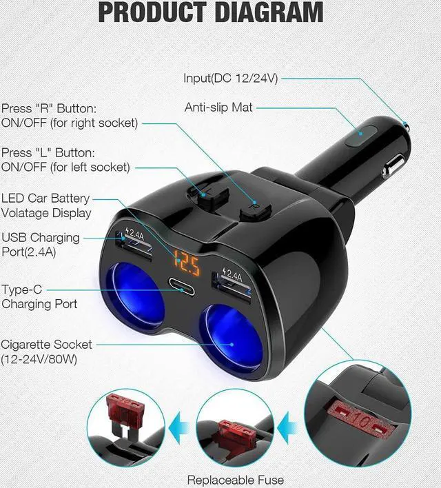 Alt view image 2 of 7 - Otium USB C Car Charger, 2 Sockets Cigarette Lighter Splitter 12/24V 80W Dual USB Type-C Ports Separate Switch LED Voltage Display Built-in Replaceable 10A Fuse Compatible Mobile Phone GPS Dash Cam