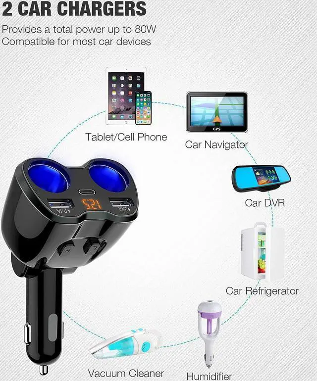 Alt view image 7 of 7 - Otium USB C Car Charger, 2 Sockets Cigarette Lighter Splitter 12/24V 80W Dual USB Type-C Ports Separate Switch LED Voltage Display Built-in Replaceable 10A Fuse Compatible Mobile Phone GPS Dash Cam