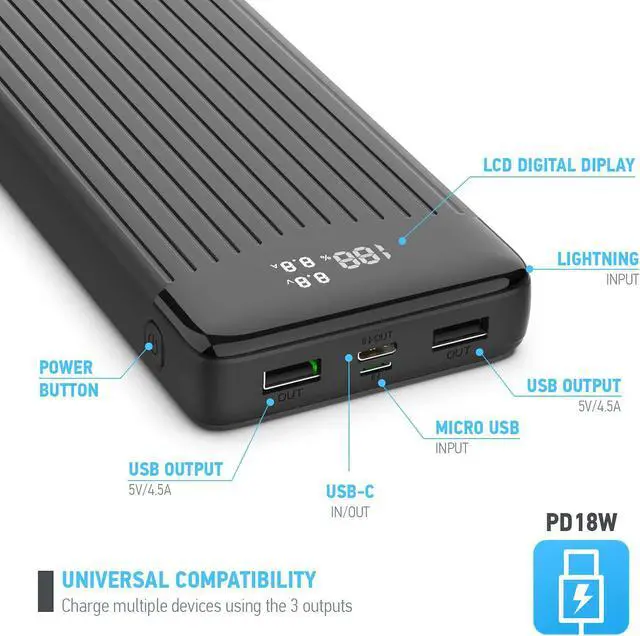 Alt view image 5 of 7 - Amcrest USB C Power Bank, 26800mAh Portable Charger USB C, Power Bank Fast Charging 22W PD 3.0, Type C Battery Bank Powerbank with LED Display for Android & iOS Smartphone Devices, and More