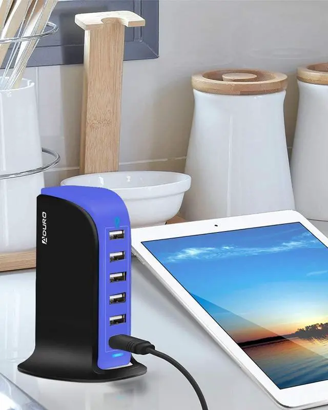 Alt view image 2 of 6 - Aduro 40W 8A 6-Port USB Desktop Charging Station Hub Wall Charger for Tablets and Smartphones with Smart Flow Technology (Blue)