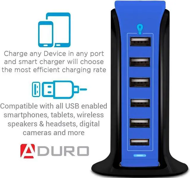 Alt view image 3 of 6 - Aduro 40W 8A 6-Port USB Desktop Charging Station Hub Wall Charger for Tablets and Smartphones with Smart Flow Technology (Blue)