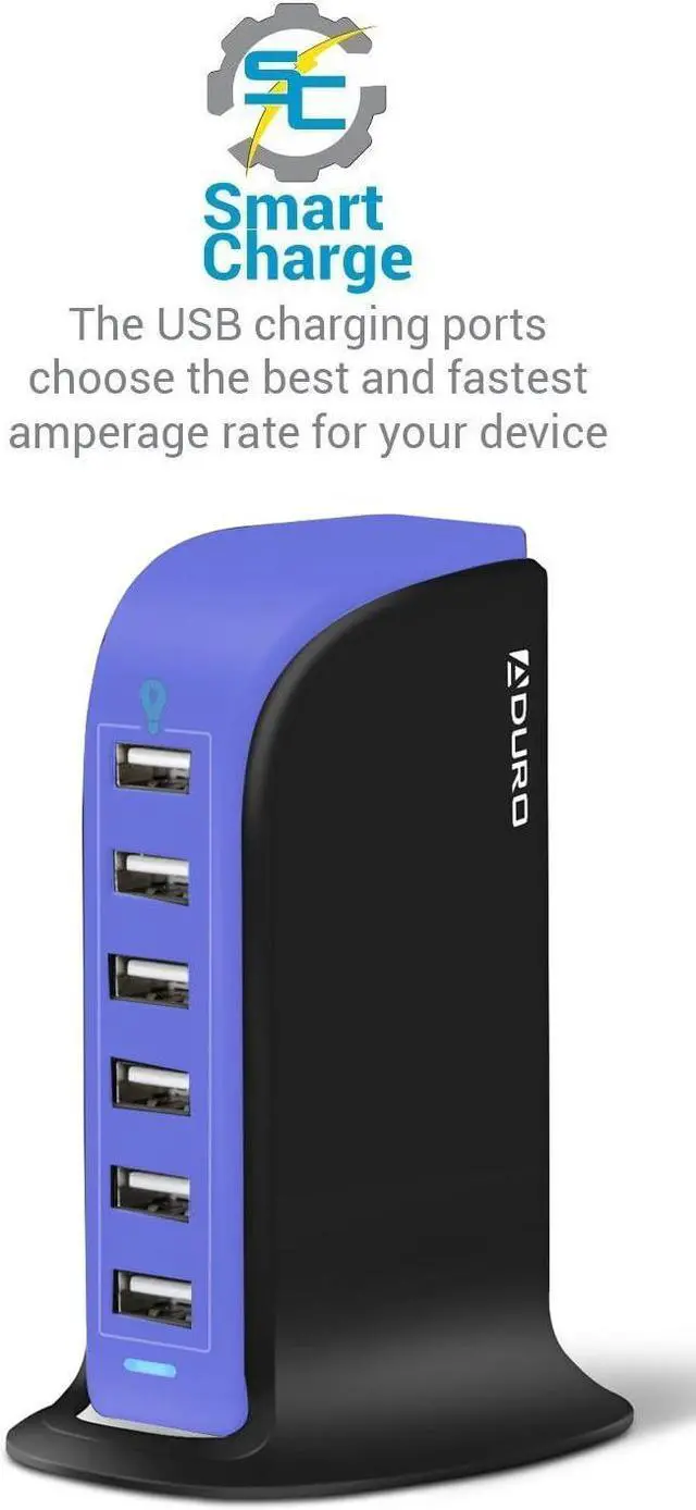 Alt view image 4 of 6 - Aduro 40W 8A 6-Port USB Desktop Charging Station Hub Wall Charger for Tablets and Smartphones with Smart Flow Technology (Blue)