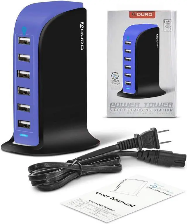 Alt view image 6 of 6 - Aduro 40W 8A 6-Port USB Desktop Charging Station Hub Wall Charger for Tablets and Smartphones with Smart Flow Technology (Blue)
