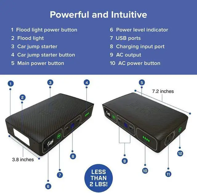 Alt view image 7 of 7 - HALO Bolt Wireless Laptop Power Bank - 44400 mWh Portable Phone Laptop Charger Car Jump Starter with AC Outlet and Car Charger, Blue Graphite