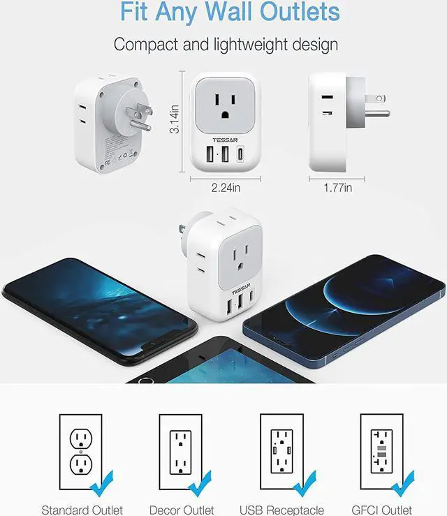 Alt view image 3 of 5 - USB Wall Charger, USB Plug Adapter Outlet Extender, TESSAN 3 USB Ports(1 USB C Port), Multi Charging Station for Cruise, Bathroom, Office, Dorm Essentials