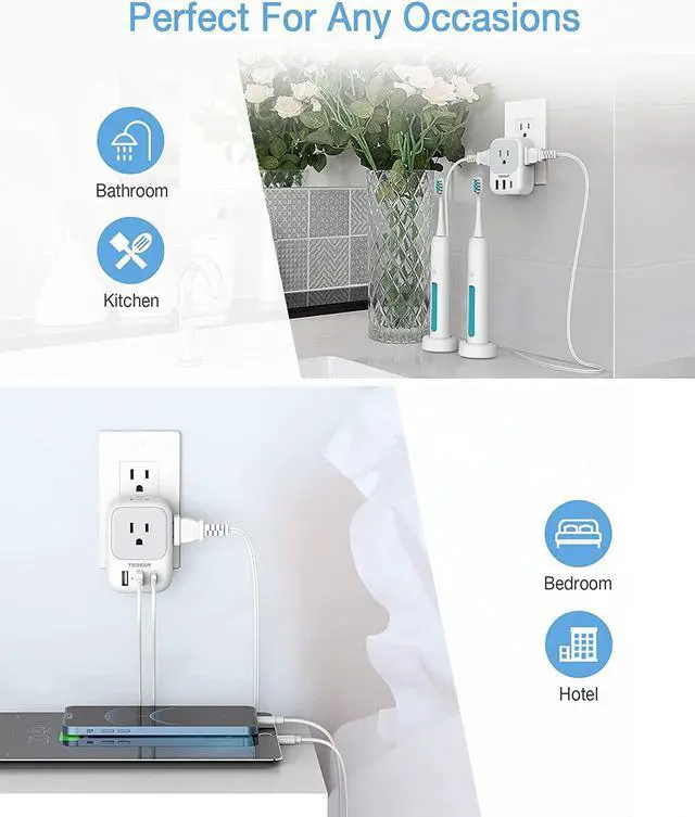Alt view image 4 of 5 - USB Wall Charger, USB Plug Adapter Outlet Extender, TESSAN 3 USB Ports(1 USB C Port), Multi Charging Station for Cruise, Bathroom, Office, Dorm Essentials