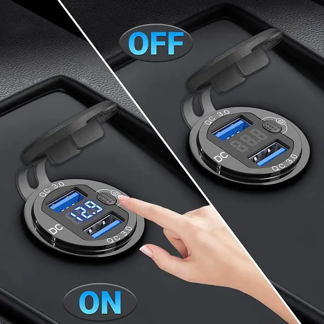 Alt view image 3 of 7 - 12V USB Outlet 2 Pack Dual Quick Charge 3.0 Socket Waterproof Aluminum Charger with LED Voltmeter and Power Switch Adapter for Marine Motorcycle Truck Golf Cart RV Car etc.