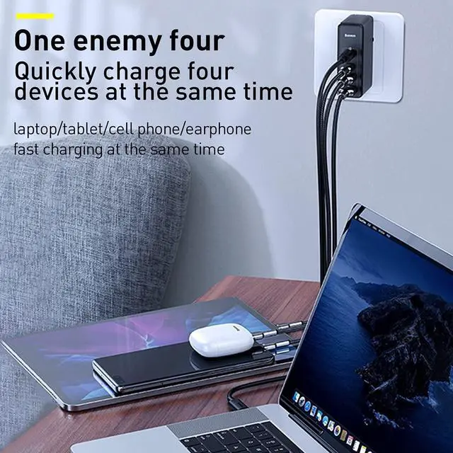 Alt view image 6 of 6 - 100W USB C Charger, Baseus 4-Port Type C Charging Station GaN Charger, Fast USB-C Wall Charger Block PD QC4.0 for iPhone 13/12 Pro, Samsung S21/S20, MacBook Pro/Air, iPad Pro/Dell XPS(Gan2 Pro Black)