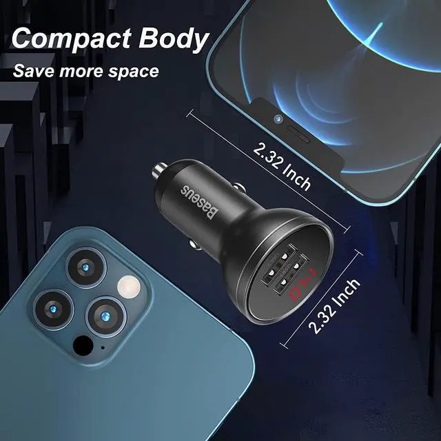 Alt view image 7 of 7 - USB Car Charger Baseus 24W Metal Dual Alloy USB Fast Car Adapter Mini Cigarette Lighter with Digital Display Compatible with iPhone 13 Pro Max Mini 12 Pro Max 11 XS XR iPad Samsung S21 20 Note20