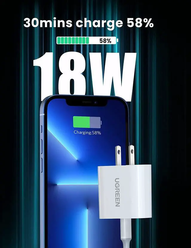Alt view image 3 of 7 - UGREEN 18W USB C PD Fast Charger with USB C to Lightning Cable MFi Certified iPhone Charging Cable 3FT Compatible for iPhone 13/13 Mini/13 Pro/13 Pro Max/12, iPad, AirPods Pro, Galaxy S20/Note20
