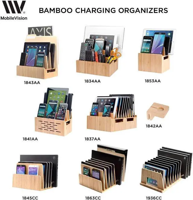 Alt view image 5 of 5 - MobileVision Bamboo 10-Port Charging Station & Docking Organizer for Smartphones & Tablets, Family-Sized, for use in Corporate Offices & Classrooms