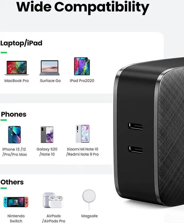 Alt view image 5 of 6 - UGREEN 65W USB C Wall Charger - 2 Port PD Fast Charger Power Adapter Compatible with MacBook Pro/Air, iPad Mini/Pro, iPhone 13/13 Mini/13 Pro Max, Galaxy S21/S20/S10, Dell XPS 13, Pixel, and More