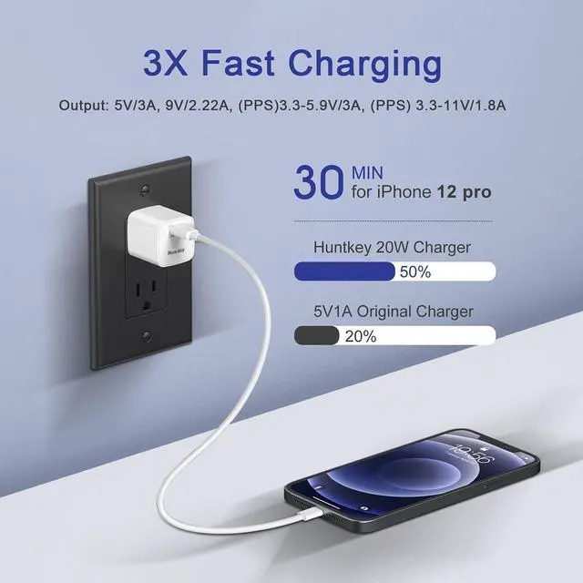 Alt view image 2 of 7 - 20W USB C Charger,Huntkey USB-C Power Adapter PD Type c Fast Charger Block USBC Wall Charger for iPhone 14/13/12/11/X/XR Series,Samsung Galaxy S22/S20,Google Pixel Series,iPad Pro and More