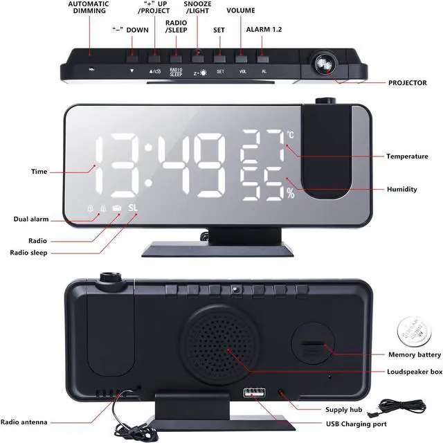 Alt view image 2 of 7 - Projection Alarm Clock for Bedroom Ceiling Digital Radio with USB Charger Ports, 7.3" Large LED Screen, 4 Dimmer, Dual Alarm Clock with 2 Sounds, Snooze, Black
