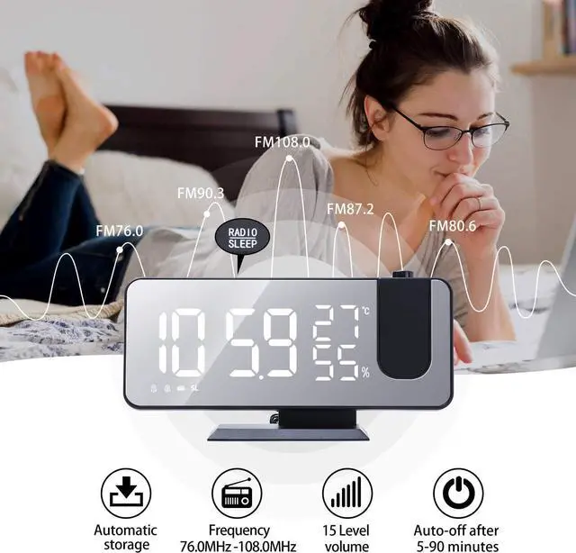 Alt view image 3 of 7 - Projection Alarm Clock for Bedroom Ceiling Digital Radio with USB Charger Ports, 7.3" Large LED Screen, 4 Dimmer, Dual Alarm Clock with 2 Sounds, Snooze, Black