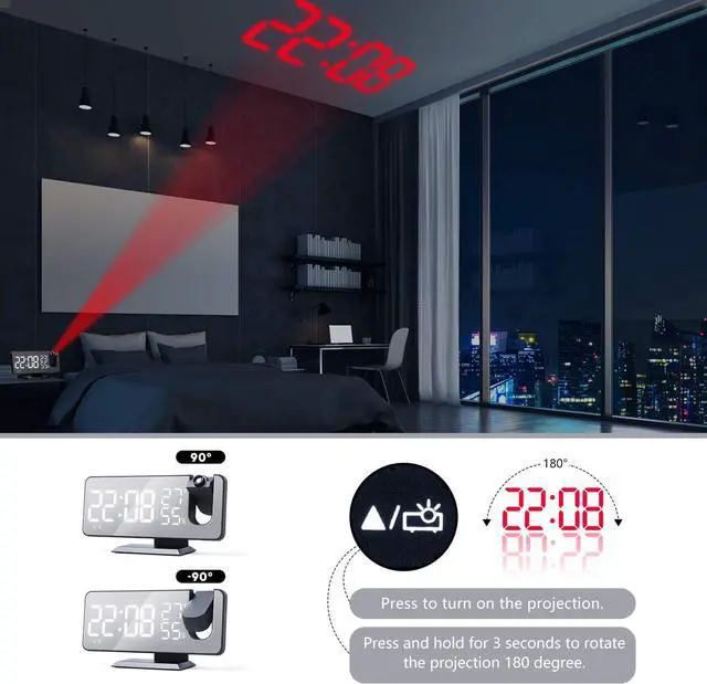 Alt view image 6 of 7 - Projection Alarm Clock for Bedroom Ceiling Digital Radio with USB Charger Ports, 7.3" Large LED Screen, 4 Dimmer, Dual Alarm Clock with 2 Sounds, Snooze, Black