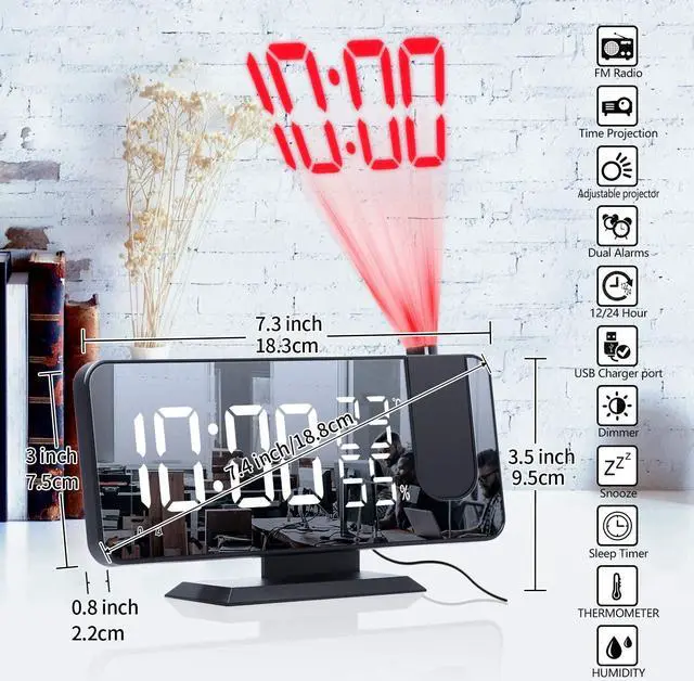 Alt view image 3 of 7 - Projection Alarm Clock for Bedrooms Ceiling, Digital Clock Radio with USB Charger Port, Temperature & Humidity Display, 7.3 Large LED Display,12/24H,Snooze,Dual Loud Clock- 4 Dimmer