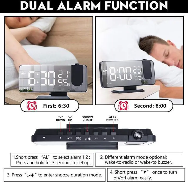 Alt view image 5 of 7 - Projection Alarm Clock for Bedroom Ceiling Digital Radio with USB Charger Ports, 7.3" Large LED Screen, 4 Dimmer, Dual Alarm Clock with 2 Sounds, Snooze, Black