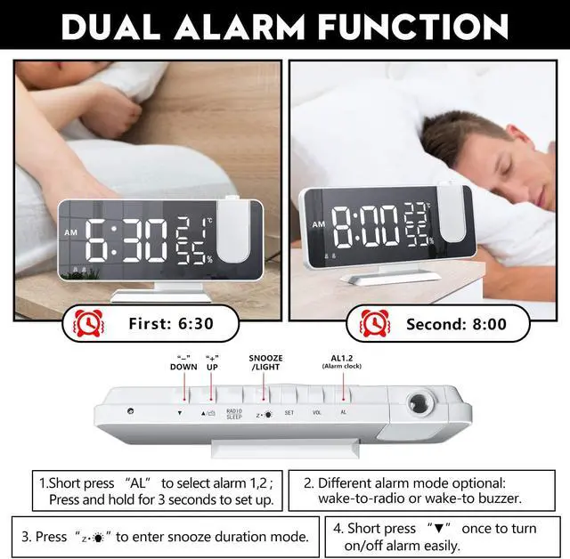 Alt view image 5 of 7 - Projection Alarm Clock for Bedroom Ceiling Digital Clock Radio with USB Charger Ports, 7.3" Large LED Screen, 4 Dimmer, Dual Alarm Clock with 2 Sounds, Snooze, White