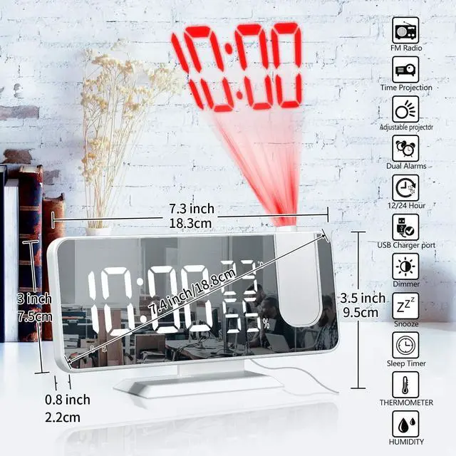 Alt view image 7 of 7 - Projection Alarm Clock for Bedroom Ceiling Digital Clock Radio with USB Charger Ports, 7.3" Large LED Screen, 4 Dimmer, Dual Alarm Clock with 2 Sounds, Snooze, White