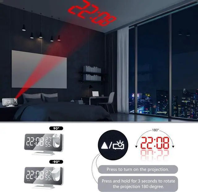 Alt view image 6 of 7 - Projection Alarm Clock for Bedroom Ceiling Digital Clock Radio with USB Charger Ports, 7.3" Large LED Screen, 4 Dimmer, Dual Alarm Clock with 2 Sounds, Snooze, White