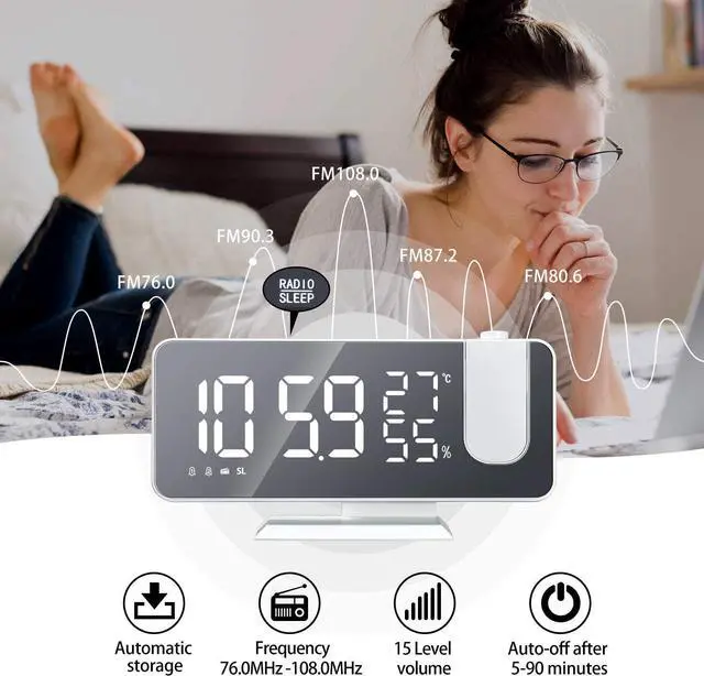 Alt view image 3 of 7 - Projection Alarm Clock for Bedroom Ceiling Digital Clock Radio with USB Charger Ports, 7.3" Large LED Screen, 4 Dimmer, Dual Alarm Clock with 2 Sounds, Snooze, White
