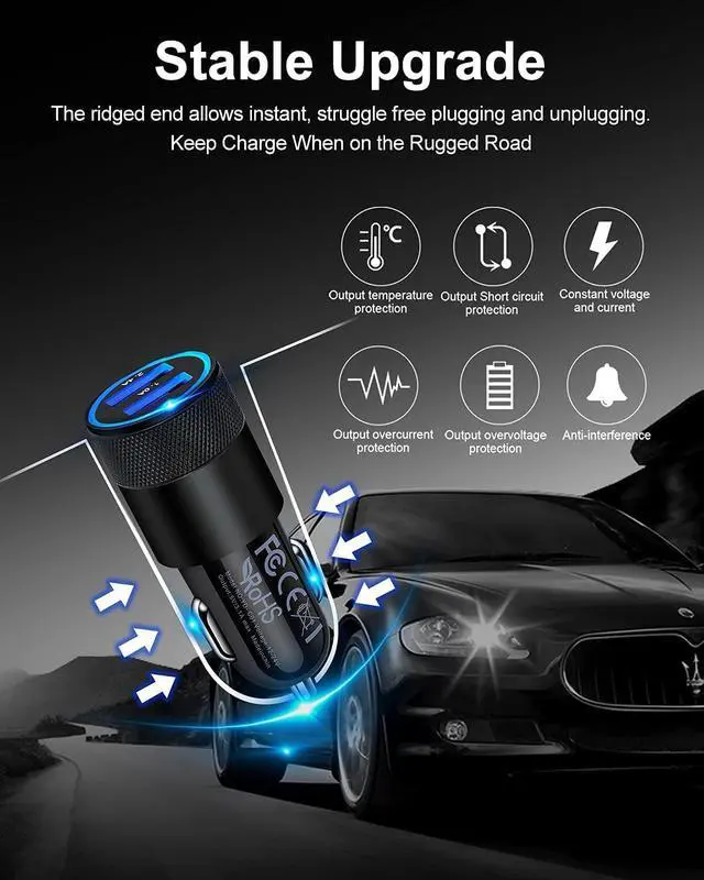 Alt view image 5 of 7 - Car Charger [2Pack/3.4a] Fast Charge Dual Port USB Cargador Carro Lighter Adapter for iPhone 15 14 13 12 11 Pro Max X XR XS 8 Plus 16 iPad  Galaxy S23 S22 S21 S10 Plus S7 j7 S10e S9 Note 8