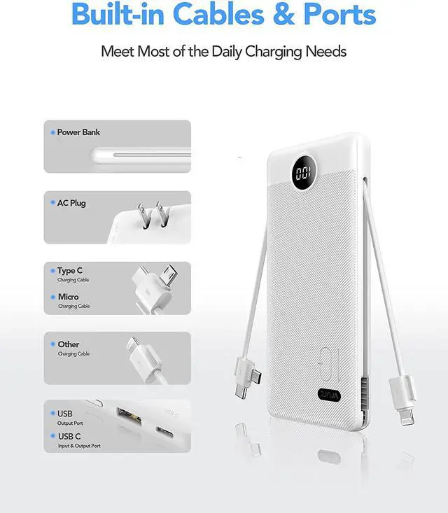 Alt view image 2 of 7 - VRURC 10000mAh Portable Charger with Built-in Cables and AC Wall Plug Ultra Slim Power Bank USB C Phone Charger 5 Output 2 Input External battery pack LED Display Compatible with All mobilephone-White