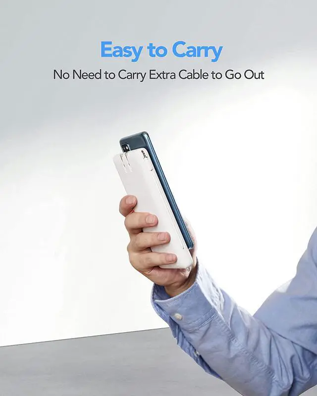 Alt view image 7 of 7 - VRURC 10000mAh Portable Charger with Built-in Cables and AC Wall Plug Ultra Slim Power Bank USB C Phone Charger 5 Output 2 Input External battery pack LED Display Compatible with All mobilephone-White