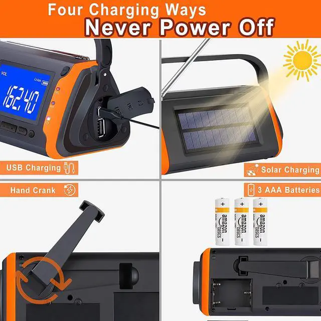 Alt view image 6 of 7 - Emergency Weather Crank Radio 6000mAh - Solar Powered, Hand Crank,AM/FM/NOAAEmergency Weather Alert Radio,Phone Charger,SOS Alarm,LED Flashlight,Aux Music Player for Hurricanes,Tornadoes