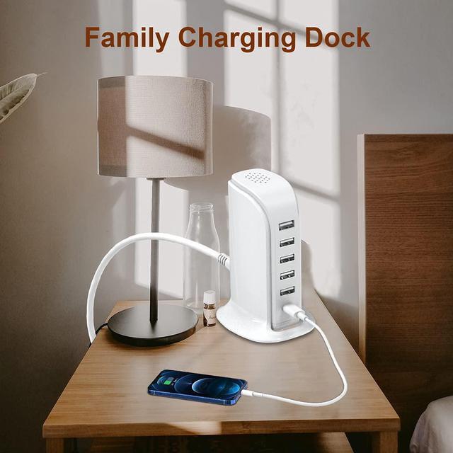 Alt view image 6 of 7 - Charging Station for Multiple Devices 40W Upoy, Wall Charger Block 5 USB Ports(Shared 6A), USB Charging Hub Smart IC, Charger Tower with Type-C 3A for iPhone iPad Tablets Smartphones, Home Office Use